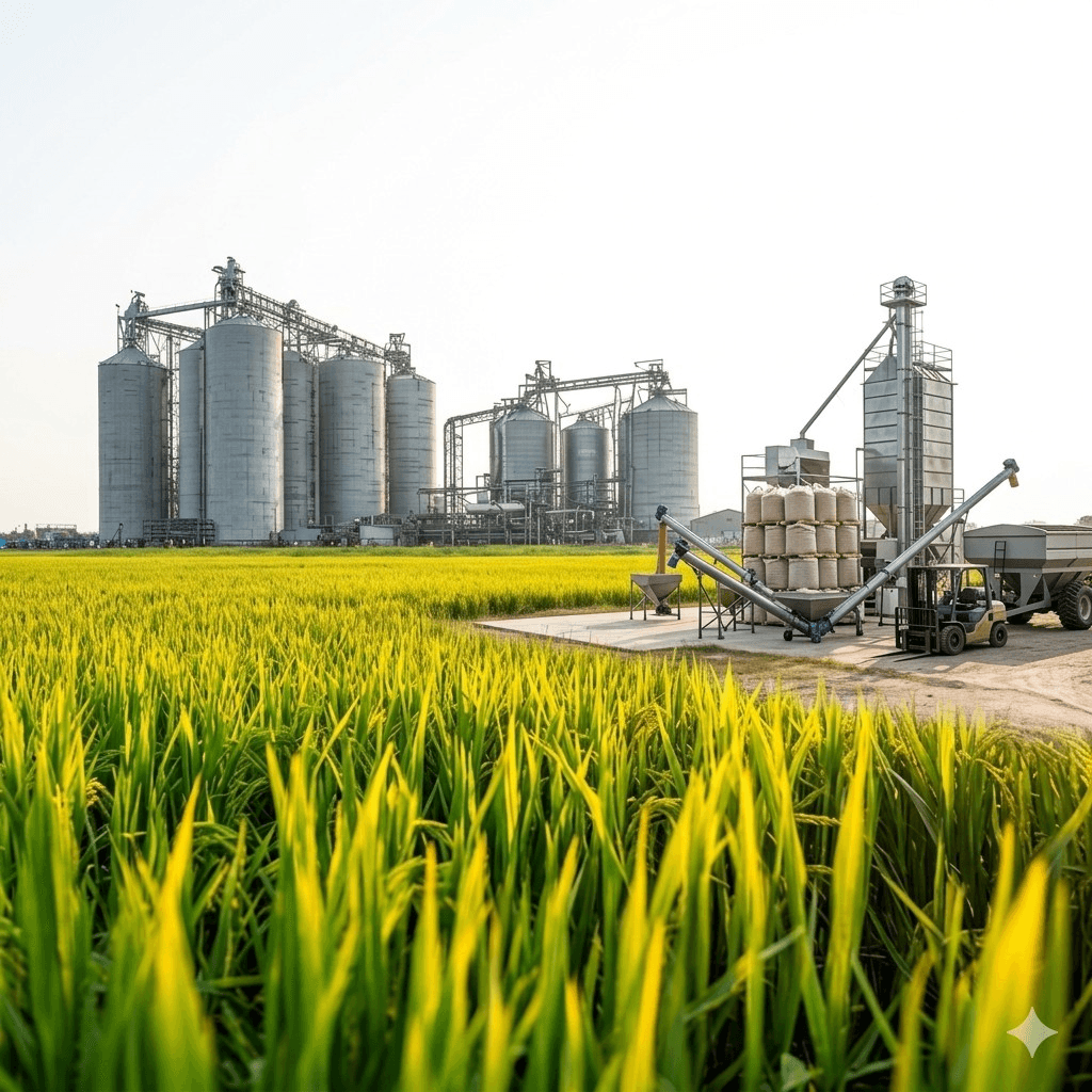 Modern grain processing facility with silos beside green crop fields