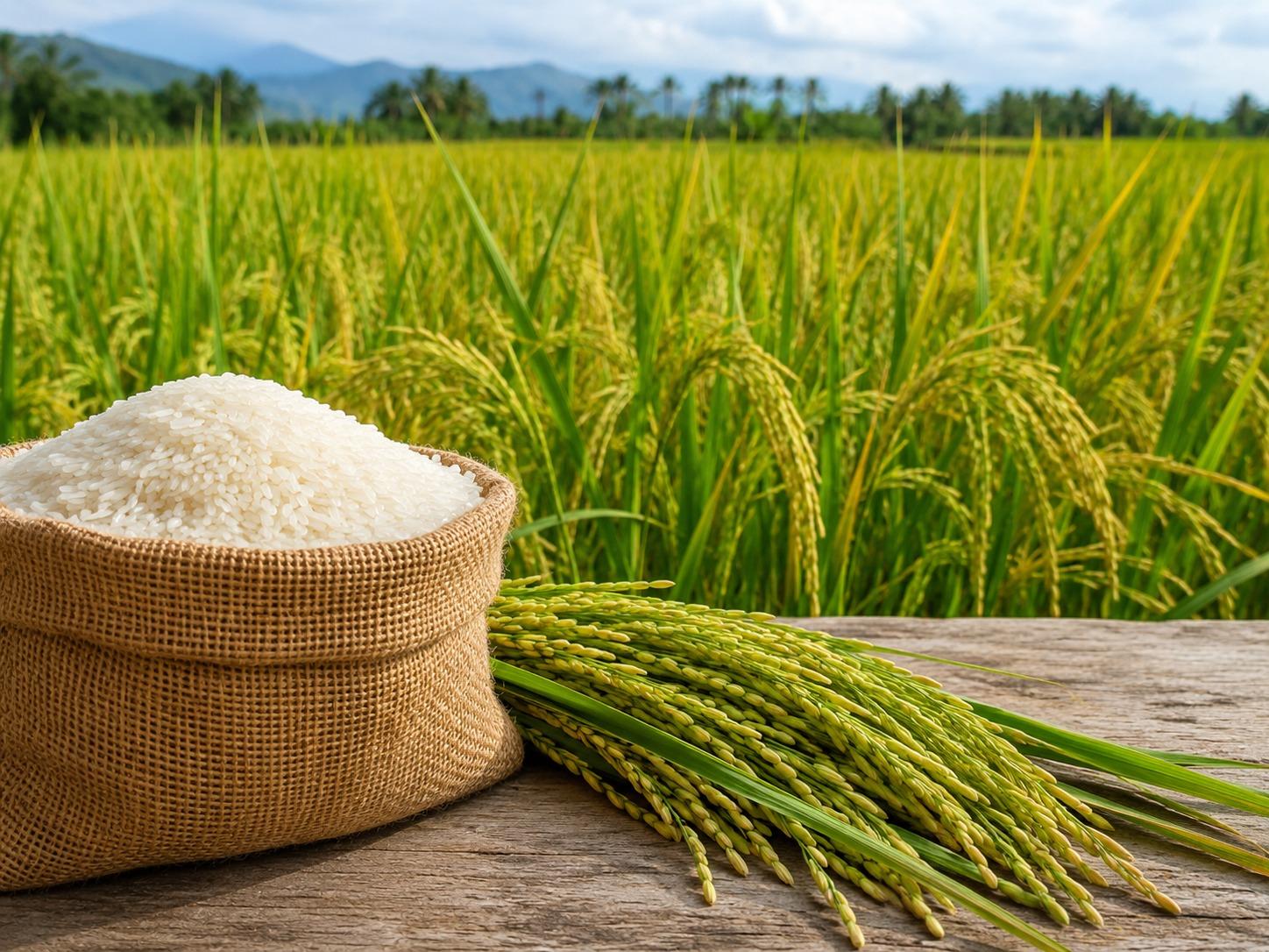 Farmers working in a rice paddy at golden hour